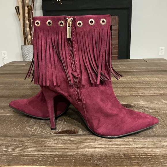 ASHLEY STEWART Grommet Fringe Bootie Fashion Boots Burgundy Sz 11w - Picture 5 of 10